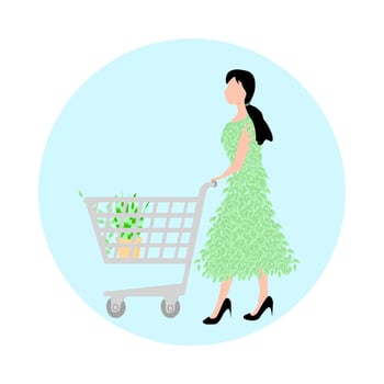 Women with shopping cart with plant.Womens  dress from plants .Respect for nature.Vector illustration vector
