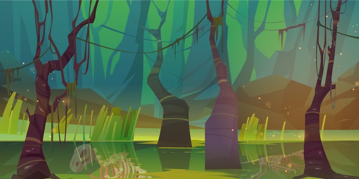 Swamp in forest with dinosaur skeleton fossils vector