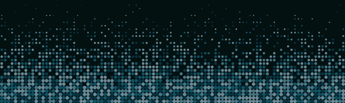 Modern turquoise polka dot horizontal panorama background. Dots in faded matrix pattern. Dark background with colorful spotted pattern. Vertical gradient. Bottom frame with copy space. Abstract vector