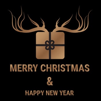 Merry Christmas card design. Deer antlers with gift box decoration. gold color and black background. Cartoon illustration. Also great for New Year and Christmas posters, gift tags and labels. Eps10 vector