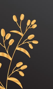 Tropical cover design with berry branch and golden leaves. Holiday black and gold pattern. Vector illustration