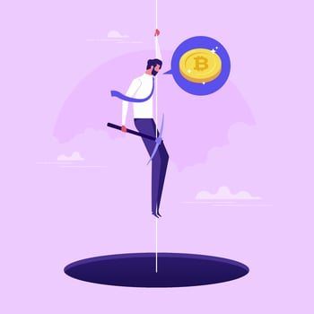 Business concept illustration. Businessman mining to find bitcoins and earning cryptocurrency. Flat style vector illustration