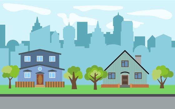 Vector city with two two-story cartoon houses and green trees in the sunny day. Summer urban landscape. Street view with cityscape on a background