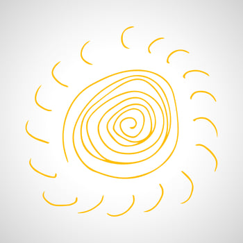Hand drawn sun. Simple sketch sun. Solar symbol. Yellow doodle isolated on white background. Vector illustration.