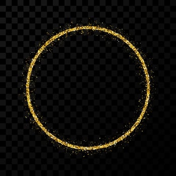Gold glitter frame. Circle frame with shiny sparkles on dark transparent background. Vector illustration