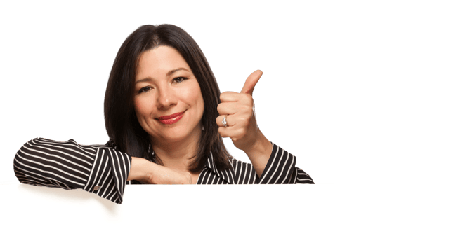 Transparent PNG of Multiethnic Woman Leaning on Blank White Sign with Thumbs Up.