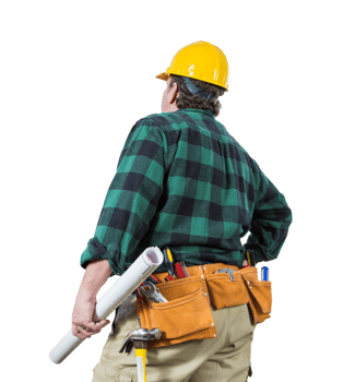 Transparent PNG View from Behind Male Contractor with Hard Hat,Tool Belt and Mechanical Drawings.