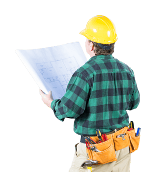 Transparent PNG View from Behind Male Contractor with Hard Hat,Tool Belt and Mechanical Drawings.