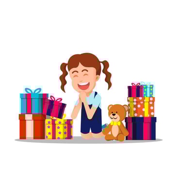little girl is very happy because she gets a lot of gifts vector
