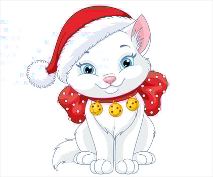 Cartoon vector illustrations of White Cat and decorated Christmas tree with presents. Winter holidays design elements isolated on white. Funny and cute retro character. For new year cards, banners