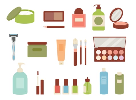 Collection of skincare and makeup products. flat vector illustration.