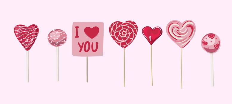 Lollipops for Valentine s Day. Lollipop in heart shape, spiral and round candies in transparent plastic pack isolated. vector