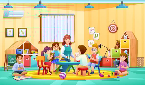Teacher and children activity in kindergarten classroom vector illustration