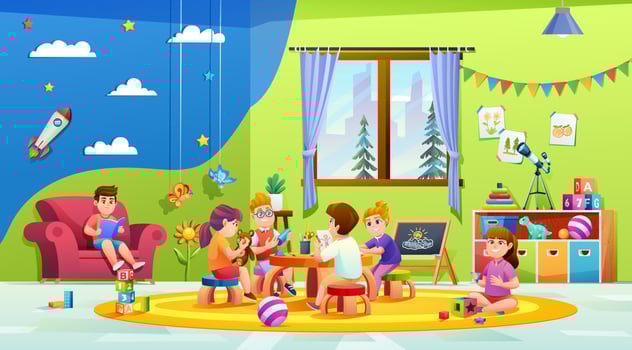 Kids playing together in kindergarten classroom cartoon illustration vector