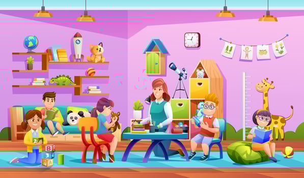 Teacher and children activity in kindergarten illustration. Preschool kids cartoon vector