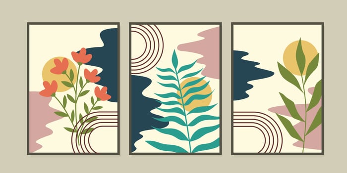 Abstract terrazzo style background set with pastel color hand drawn geometric shapes and lines and tropical leaves silhouettes. print for decoration, wall art, interior, wallpapers, covers, posters vector