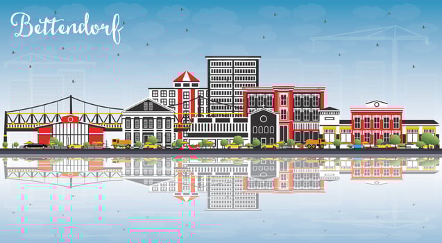 Bettendorf Iowa Skyline with Color Buildings, Blue Sky and Reflections. vector