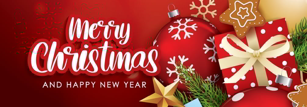 Merry christmas with glass ball and giftbox for flyer brochure design on black background invitation theme concept. Happy holiday greeting banner and card template. vector