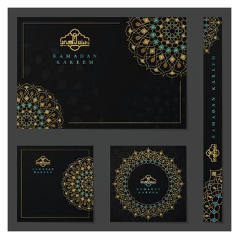 Four Sets Of Ramadan Kareem Greeting Islamic Illustration Design With Arabic calligraphy and lanterns for Background, Wallpaper, Banner, Cover and Card. Translation Of Text BLESSED FESTIVAL vector