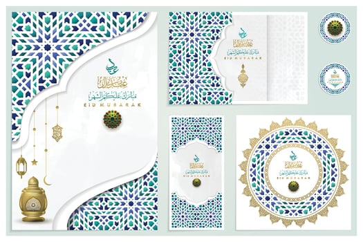 Six Sets Eid Mubarak Greeting Card Islamic Background Design With arabic calligraphy for Card, wallpaper, banner, cover. Translation Of Text BLASSED FESTIVAL vector