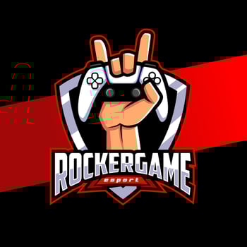rocker pro player esport logo character design, with hand holding stick game controller vector