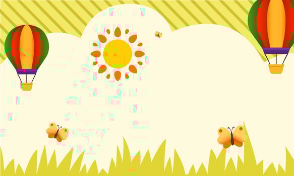 Beautiful garden background with summer sun, butterfly, and hot air balloons. Vector illustration. Paper cut style