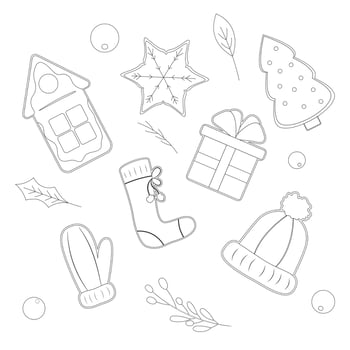 Coloring page for kids. Set of Christmas cookies. Christmas doodle set. vector
