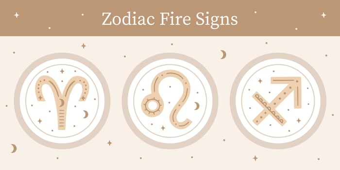 Set of hand drawn ornate zodiac fire signs. Aries, leo and sagittarius vector symbols. Astrological zodiac stickers