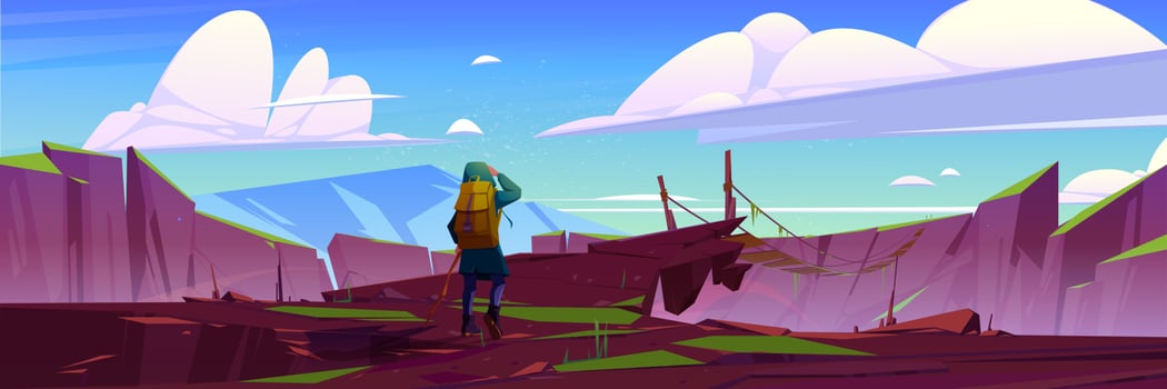 Traveler at mountain suspended old bridge, trip vector