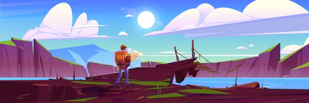 Traveler at suspended bridge above mountain lake. vector