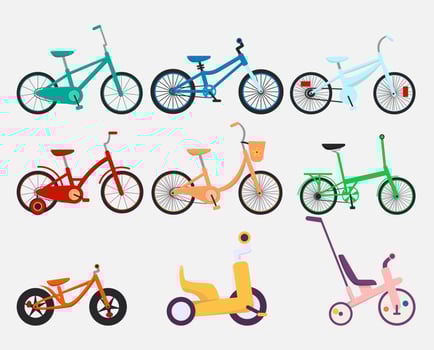 Set of children's bicycles and tricycles. Various type of kids bikes collection. Stock vector flat style cartoon illustration isolated on white background, eps 10.