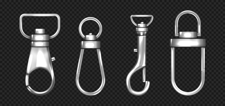 Realistic set of metal carabiners, lobster clasps vector