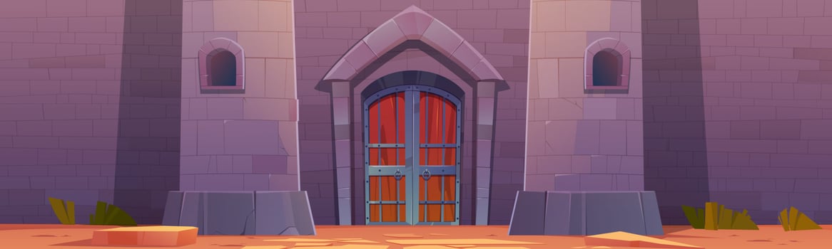 Medieval castle with wooden gates in stone wall vector
