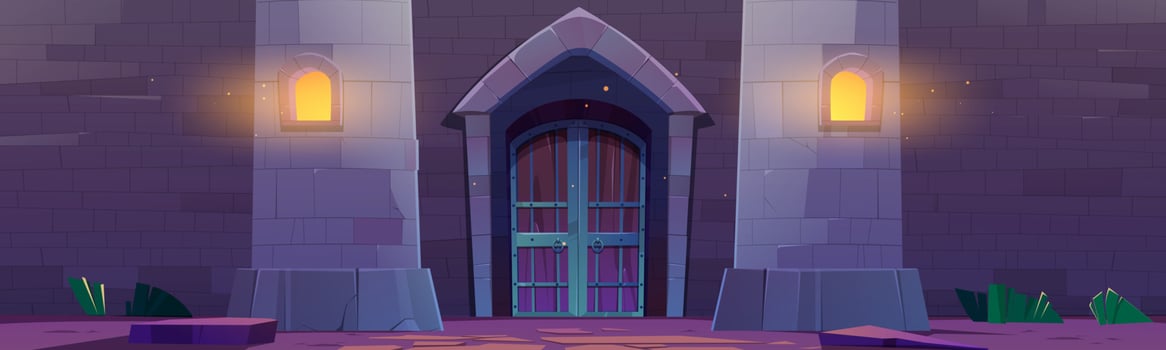 Medieval castle gate at night, palace exterior vector