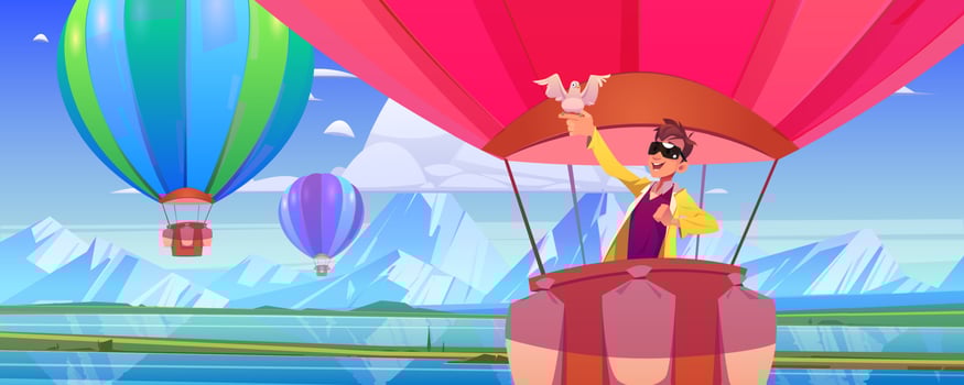 Hot air balloon with man and dove vector