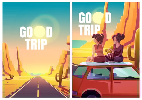 Flyers with girls sitting on car roof in desert vector