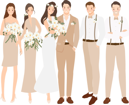 beautiful bohemian bride and groom wedding couple with bride maid and groomsman cartoon flat sytle png