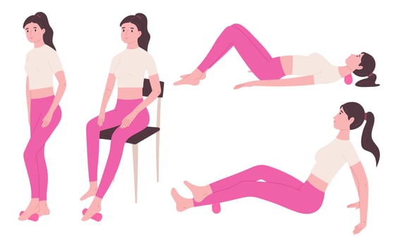 Woman exercising with foam roller, flat vector illustration isolated on white background. Set of cute and healthy female character doing pilates, yoga or self massage. Neck, foot and calf stretching.
