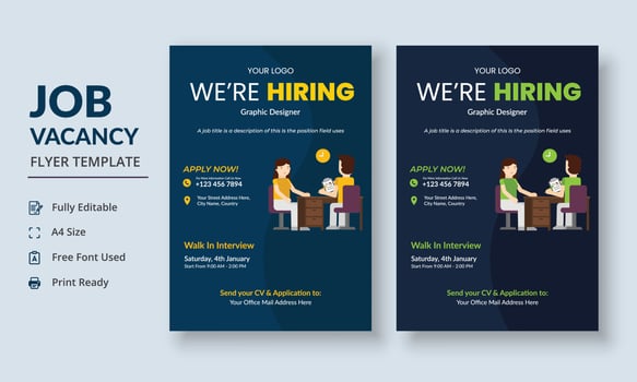 Job Vacancy Flyer Template, Job Recruitment Flyer, We are Hiring Job Flyer Template vector