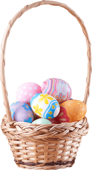 Happy Easter day colorful eggs in basket with flowers png
