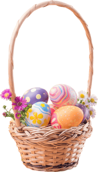Happy Easter day colorful eggs in basket with flowers png