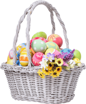 Happy Easter day colorful eggs in basket with flowers png