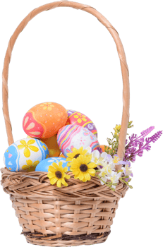 Happy Easter day colorful eggs in basket with flowers png