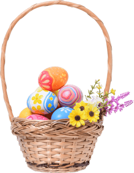 Happy Easter day colorful eggs in basket with flowers png