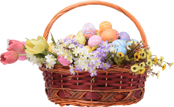 Happy Easter day colorful eggs in basket with flowers png
