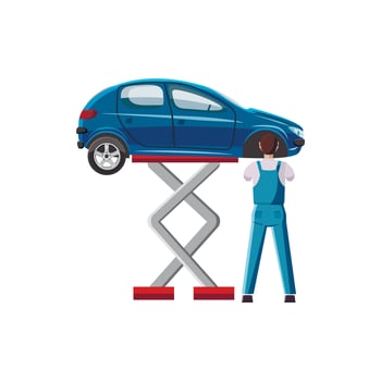 Blue car on a scissor lift platform icon vector
