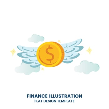 Gold dollar coins with blue wings. Flying money in blue sky. Invest Vector illustration.