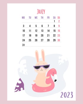 July 2023 calendar. Cute bunny on vacation in sunglasses floats on rubber pink flamingo. Vector illustration. Vertical Template. Week from Monday In English. rabbit is symbol 2023 year.