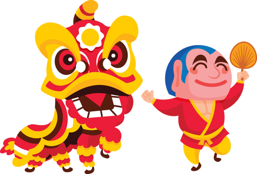 Flat design of lion dance with big head buddha performance for Chinese New Year celebration png