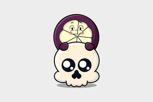 Cute Mangosteen cartoon character hiding in skull vector